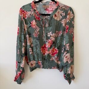 Kachel for Anthropologie Silk Blend Margaret Peasant Floral Blouse Green Size 12